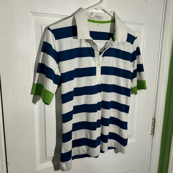 Nike Women's Size Medium Blue White Striped Short Sleeve Dri-Fit Golf Polo - Picture 2 of 12